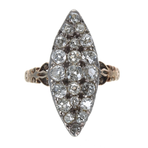 181 - Attractive Victorian gold diamond marquise cluster ring, set with twenty-one old-cut diamonds in whi... 