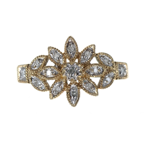 188 - Floral design diamond set cluster ring, 12mm, 2.6gm, ring size L