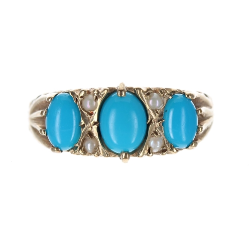 189 - Attractive 9ct turquoise and pearl ring in a scroll design setting, 9mm 3gm, ring size R... 