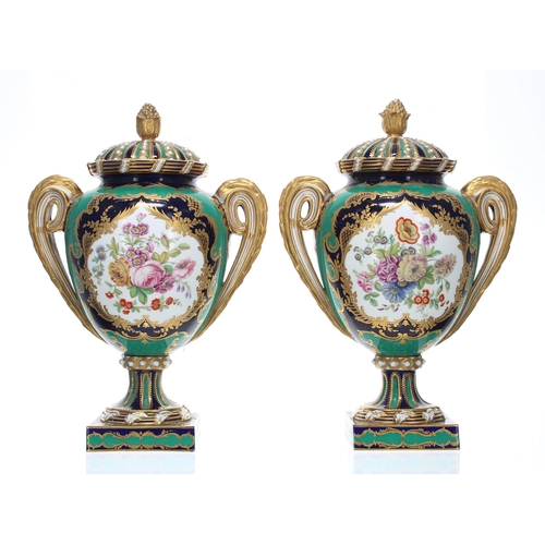 806 - Pair of attractive 19th century porcelain Campagna vases and covers, painted with floral panels oppo... 