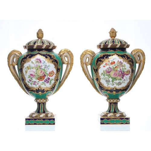 806 - Pair of attractive 19th century porcelain Campagna vases and covers, painted with floral panels oppo... 