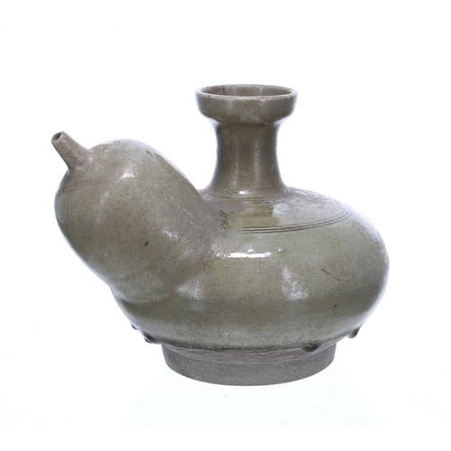 832 - Chinese celadon glazed porcelain kendi, possibly Song dynasty, with a flared rim and bulging spout, ... 