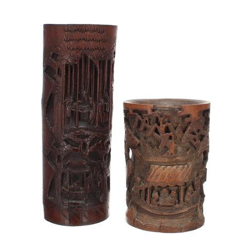 851 - Two Chinese carved bamboo brush pots, relief carved each with pagoda scenes with figures, tallest 13... 