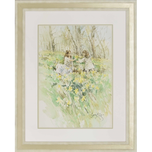 902 - Gordon King (1939-2022) - Mother and child picking daffodils in a sunlit meadow, signed pencil and w... 