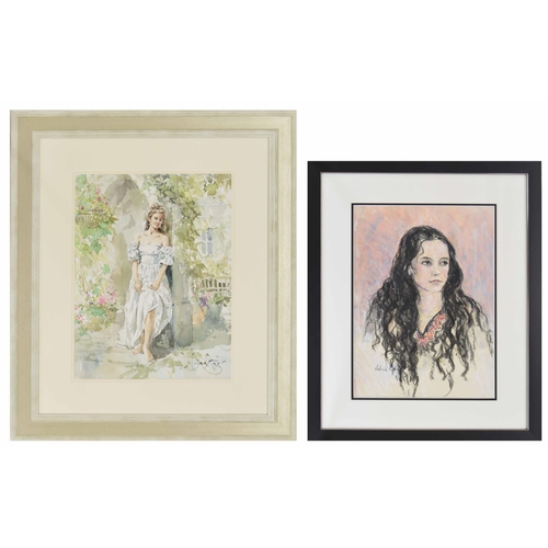 903 - Gordon King (1939-2022) - A girl standing full length in a sunlit courtyard with planters and flower... 