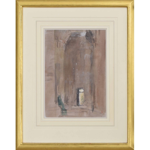 905 - English School (20th century) - Figure beside a stone column with another figure in a sunlit doorway... 