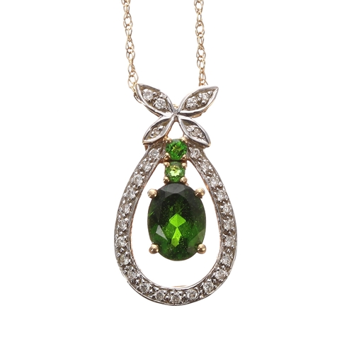 227 - Iliana 18ct yellow gold peridot set pendant upon a slender 18ct chain, 3.8gm, the pendant 23mm... 