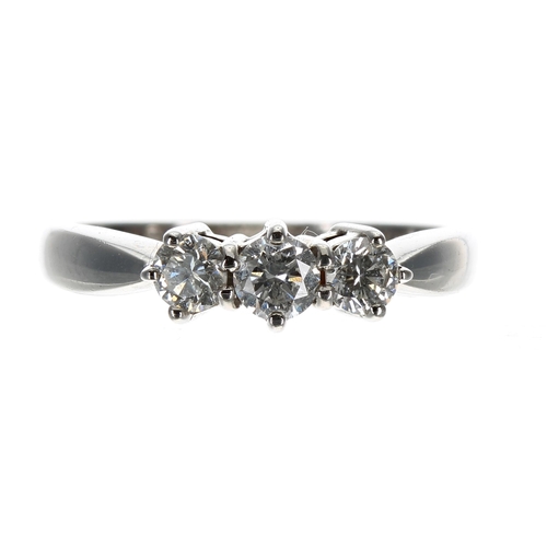 228 - Modern 18ct white gold three stone diamond ring, round brilliant-cuts, 0.50ct, clarity SI2, colour G... 