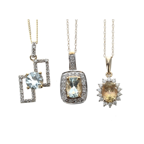 256 - Three modern 9ct diamond and gem set pendants upon slender 9ct chains, 5.3gm in total (3)... 