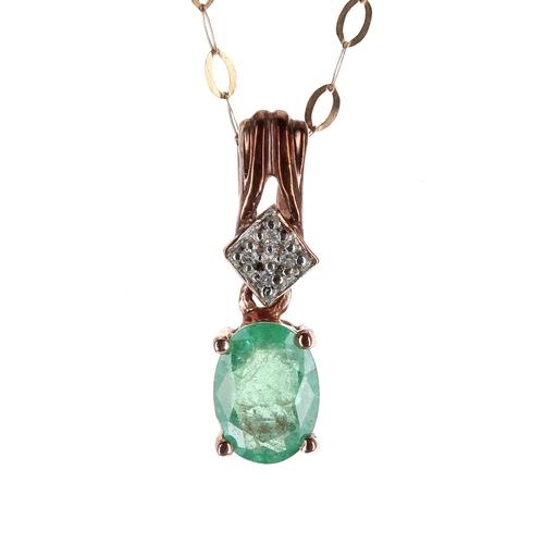 260 - Modern 9ct rose gold emerald and diamond pendant upon a slender 9ct yellow gold chain, the emerald 0... 