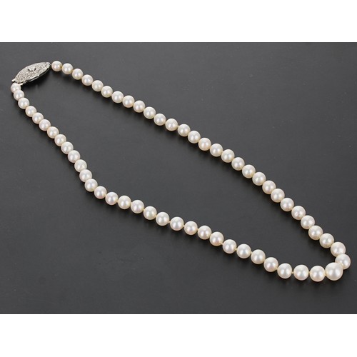 263 - Attractive cultured pearl graduated necklace with an elliptical diamond set clasp, the pearls gradua... 