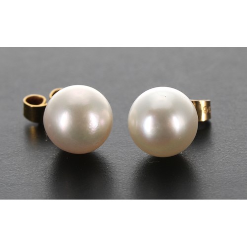 264 - Pair of cultured pearl and 9ct stud earrings, each 9mm, post and butterfly backs, 2.2gm... 