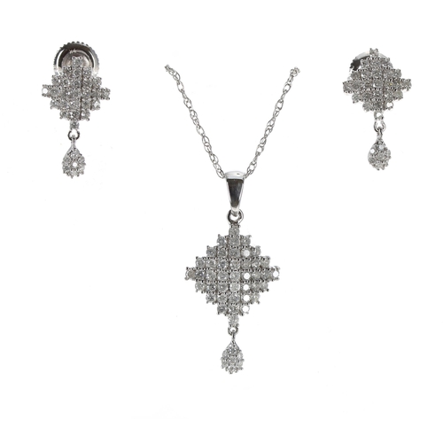 283 - Modern 9ct white gold and diamond pendant upon a 9ct slender chain, set with forty-eight round brill... 