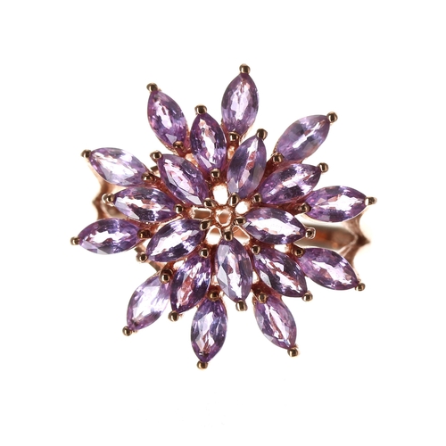 284 - Modern 9ct rose gold Ceylon purple sapphire flower cluster ring, marquise-cut, 3.10ct approx in tota... 