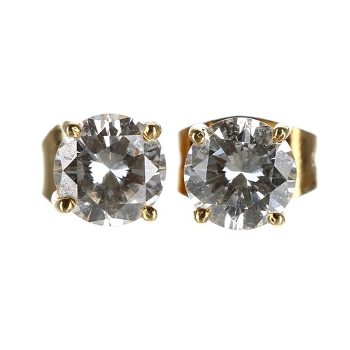 286 - Pair of 18ct yellow gold diamond stud earrings, round brilliant-cuts, each 0.50ct approx, clarity VS... 