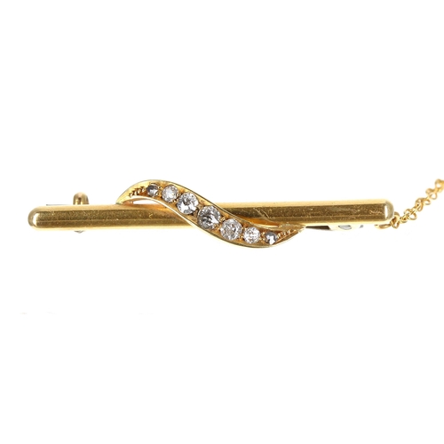 287 - Antique 15ct bar brooch, set with seven old-cut diamonds, 0.30ct approx in total, with plated safety... 