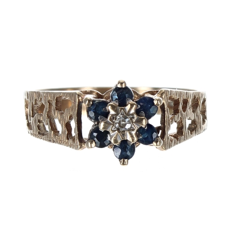 289 - 9ct sapphire and diamond cluster ring, 9mm, 2.3gm, ring size N/O