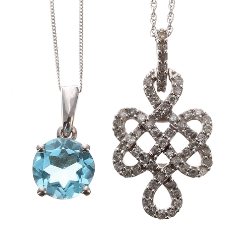 318 - 9k white gold blue topaz set pendant upon a 10k slender chain; together with a 9ct white gold diamon... 