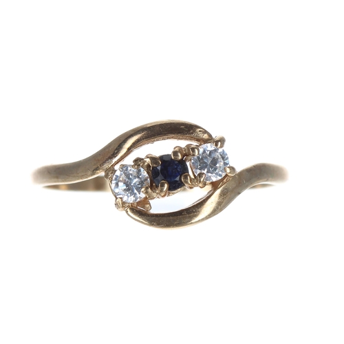 319 - 9ct sapphire and diamond three stone ring, 1.3gm, ring size O/P