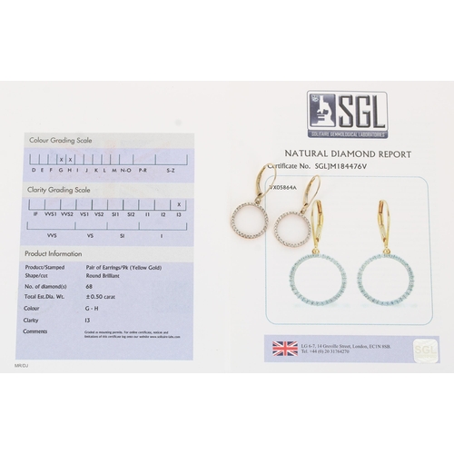 334 - Pair 9ct diamond set hoop earrings, round brilliant cut diamonds, 0.50ct, clarity I3, colour G/H, 1.... 