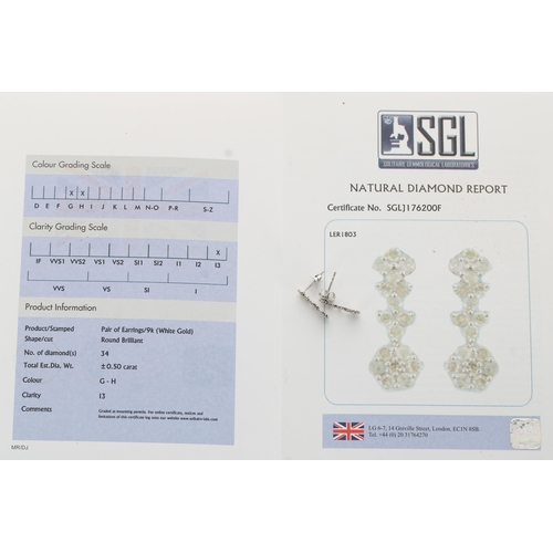 344 - Pair modern 9ct white gold diamond set earrings, round brilliant cut diamonds, 0.50ct, clarity I3, c... 