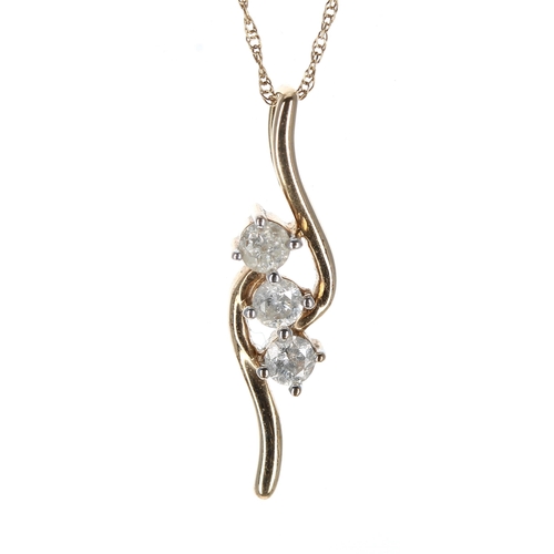 361 - TJC 9ct diamond pendant upon a slender 9ct chain, three round brilliant cut diamonds, 0.33ct, clarit... 