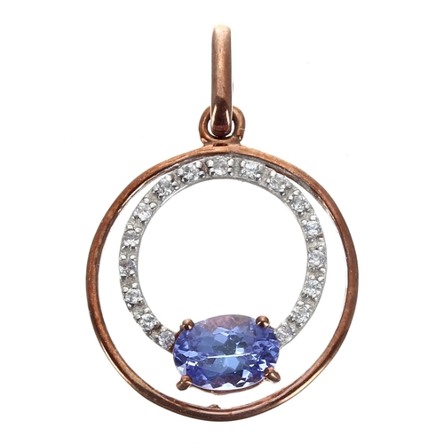 370 - Modern 9ct rose gold tanzanite and diamond pendant, oval tanzanite with round brilliant cut diamonds... 