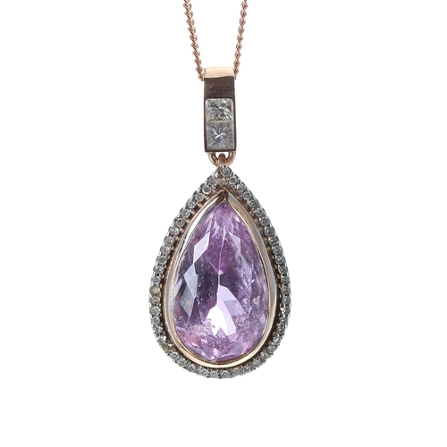 372 - Modern pear shaped Spodumene and diamond pendant upon a slender 9ct rose gold chain, 6.5gm, the pend... 