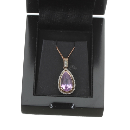 372 - Modern pear shaped Spodumene and diamond pendant upon a slender 9ct rose gold chain, 6.5gm, the pend... 