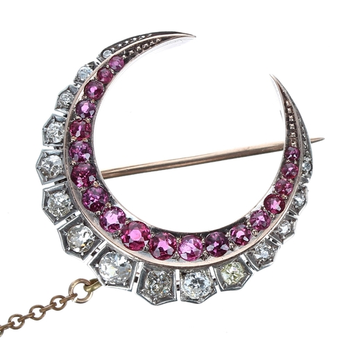 402 - Attractive antique ruby and old-cut diamond crescent design brooch, the rubies 1.35ct approx in tota... 