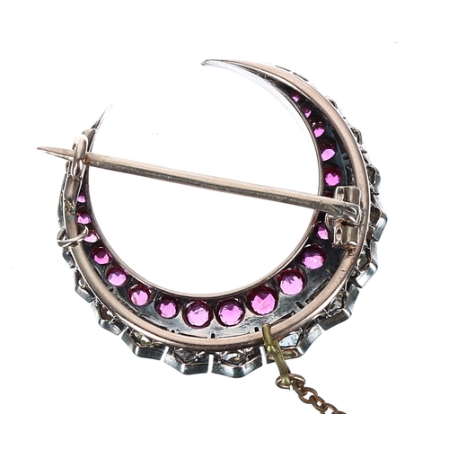 402 - Attractive antique ruby and old-cut diamond crescent design brooch, the rubies 1.35ct approx in tota... 