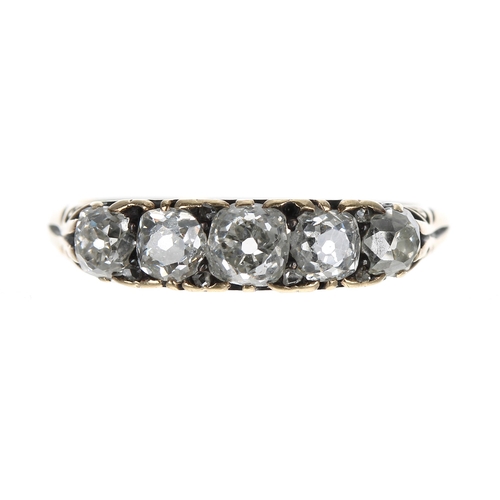 403 - Antique five stone old-cut diamond ring in a scroll setting, 0.93ct approx in total, clarity SI, col... 