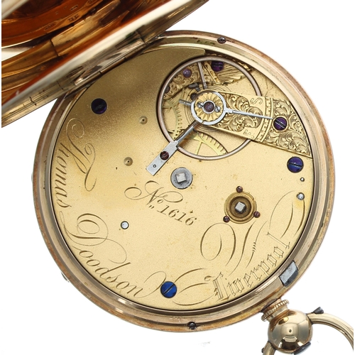 115 - Victorian 18ct fusee lever pocket watch, Chester 1863, three quarter plate movement signed Thomas Do... 