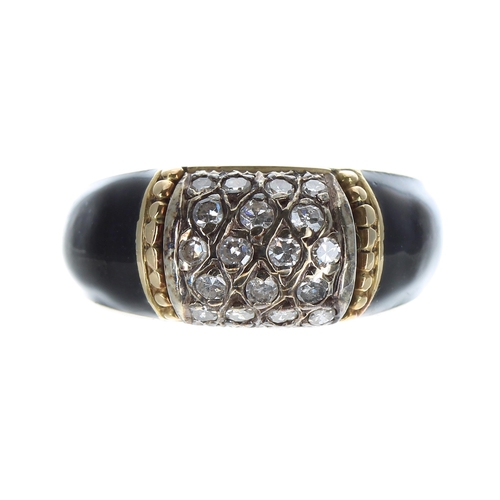 206 - Antique gold and black enamel diamond set mourning ring, set with nineteen round diamonds, width 9mm... 