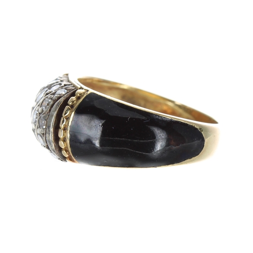 206 - Antique gold and black enamel diamond set mourning ring, set with nineteen round diamonds, width 9mm... 