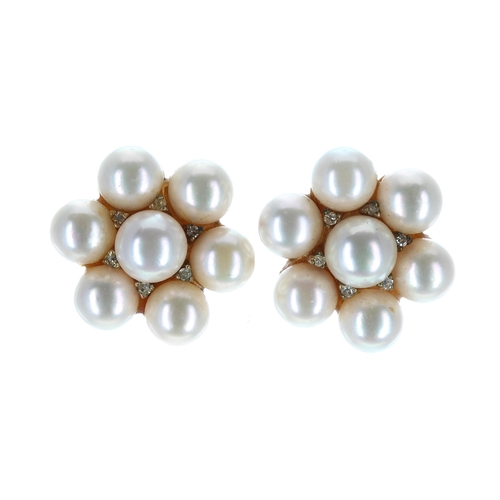 207 - Pair of 9ct cultured pearl and diamond cluster earrings, post and butterfly backs, 7.4gm, 15.5mm... 