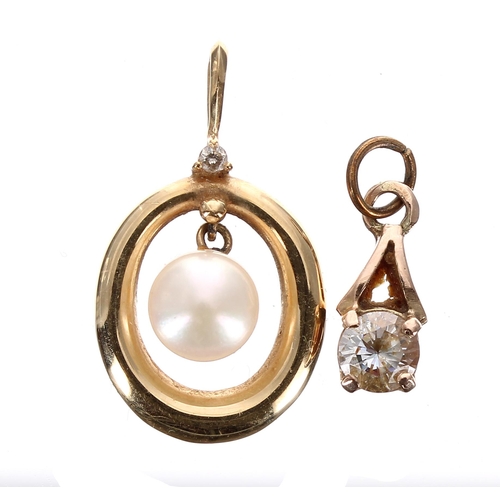 208 - 14ct cultured peal and diamond pendant, 1.6gm, 23mm; with a gold cz pendant, 0.7gm (2)... 