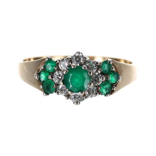 224 - Pretty 9ct emerald and diamond cluster ring, width 8mm, 2.5gm, ring size O/P