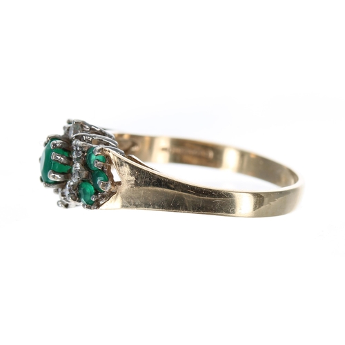 224 - Pretty 9ct emerald and diamond cluster ring, width 8mm, 2.5gm, ring size O/P