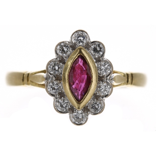 247 - 18ct yellow gold ruby and diamond marquise cluster ring, the ruby 0.40ct approx, width 13mm, 4.5gm, ... 