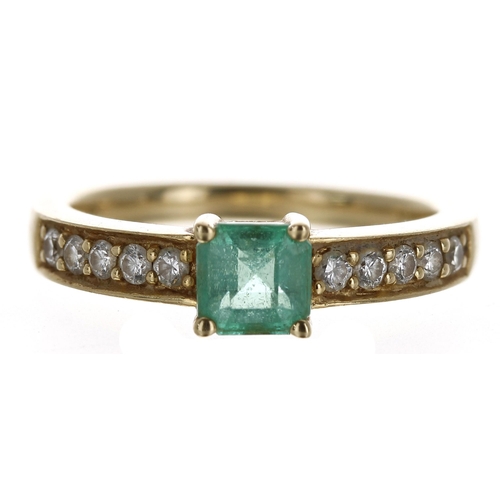 249 - 18ct yellow gold emerald and diamond ring, the princess-cut emerald 0.40ct approx, with round brilli... 