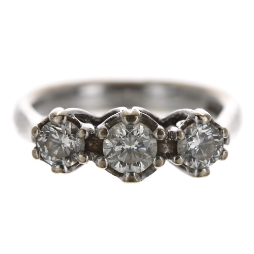 273 - 18ct white gold three stone diamond ring, round brilliant-cut, 0.75ct approx, clarity SI, colour I/J... 