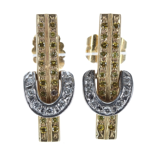 276 - Pair of 18ct bicolour horseshoe design earrings, set with fancy yellow and white diamonds, post and ... 