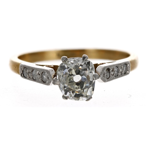 278 - 18ct and platinum solitaire diamond ring with set shoulders, old mine cushion-cut, 0.70ct approx. cl... 