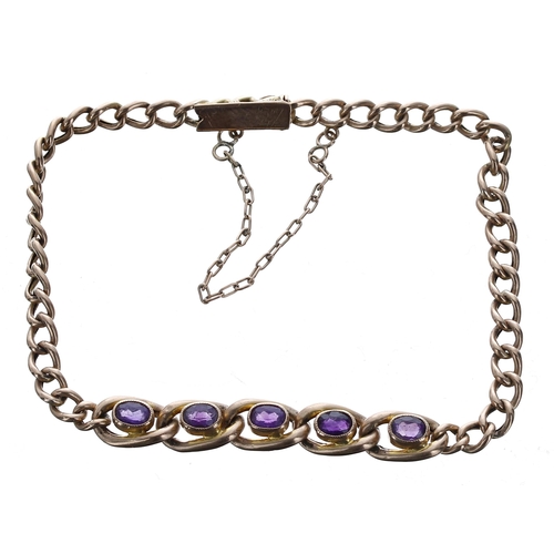 332 - Amethyst set 9ct curb link bracelet, with five rub-over set amethyst, with safety chain, 4.4gm, 7