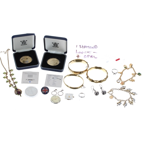 340 - Assorted jewellery, coins etc, to include three gold plated bangles, chipped loose diamond and opal ... 