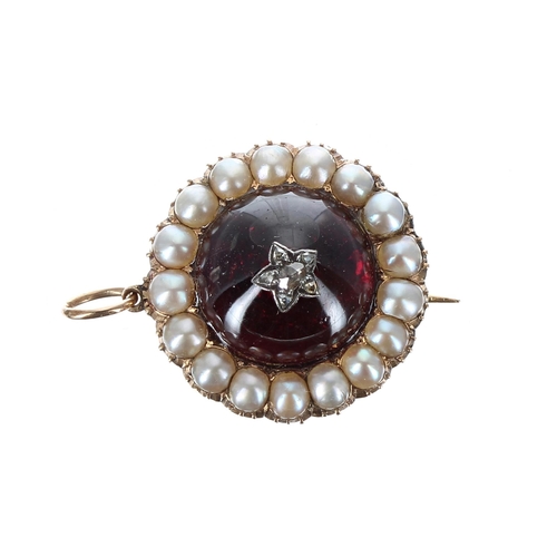 364 - Attractive antique cabouchon garnet and rose diamond circular pendant brooch with a seed pearl borde... 