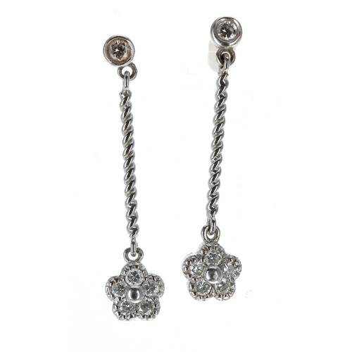 365 - Pair of modern white gold diamond cluster earrings, drop 25mm; boxed