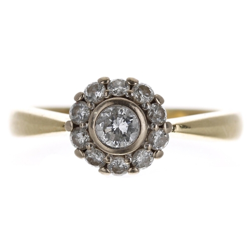 126 - 18ct yellow gold diamond cluster ring, round brilliant-cut, 0.50ct approx in total, 8mm, 4.8gm, ring... 