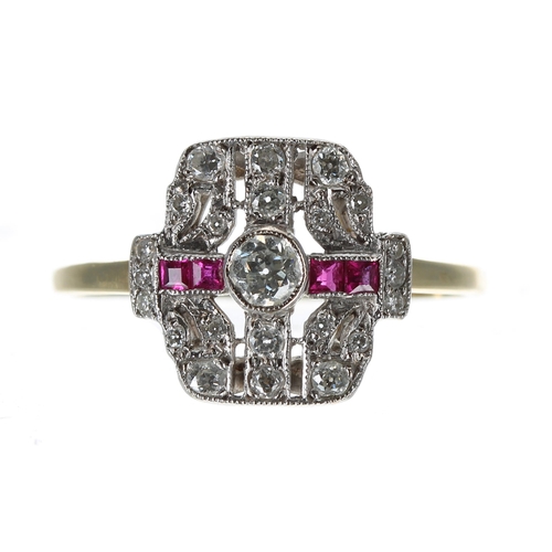 405 - Attractive 18ct ruby and diamond cluster ring in the Art Deco manner, the centre diamond 0.15ct appr... 